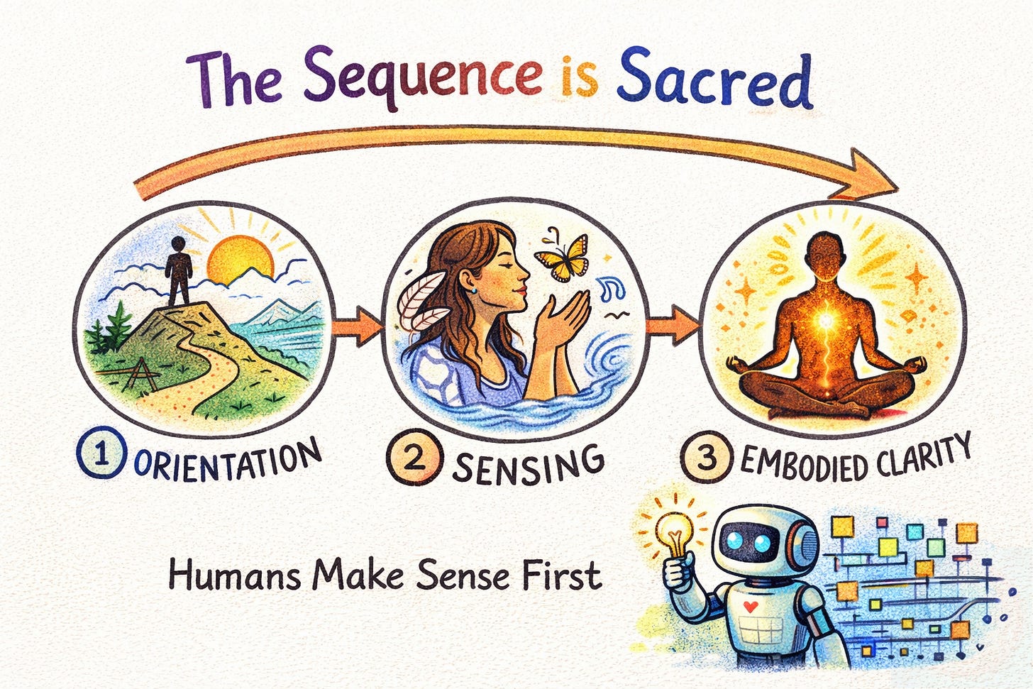A colorful infographic titled 'The Sequence is Sacred' illustrating the Somagraphic Framework for human-AI interaction. It shows three steps: 1. Orientation (a person on a mountain), 2. Sensing (a woman smelling a butterfly), and 3. Embodied Clarity (a meditating figure glowing with light). Below, a friendly robot holds a lightbulb next to the text 'Humans Make Sense First,' emphasizing mindfulness over machine output. A colorful infographic titled 'The Sequence is Sacred' illustrating the Somagraphic Framework for human-AI interaction. It shows three steps: 1. Orientation (a person on a mountain), 2. Sensing (a woman smelling a butterfly), and 3. Embodied Clarity (a meditating figure glowing with light). Below, a friendly robot holds a lightbulb next to the text 'Humans Make Sense First,' emphasizing mindfulness over machine output.
