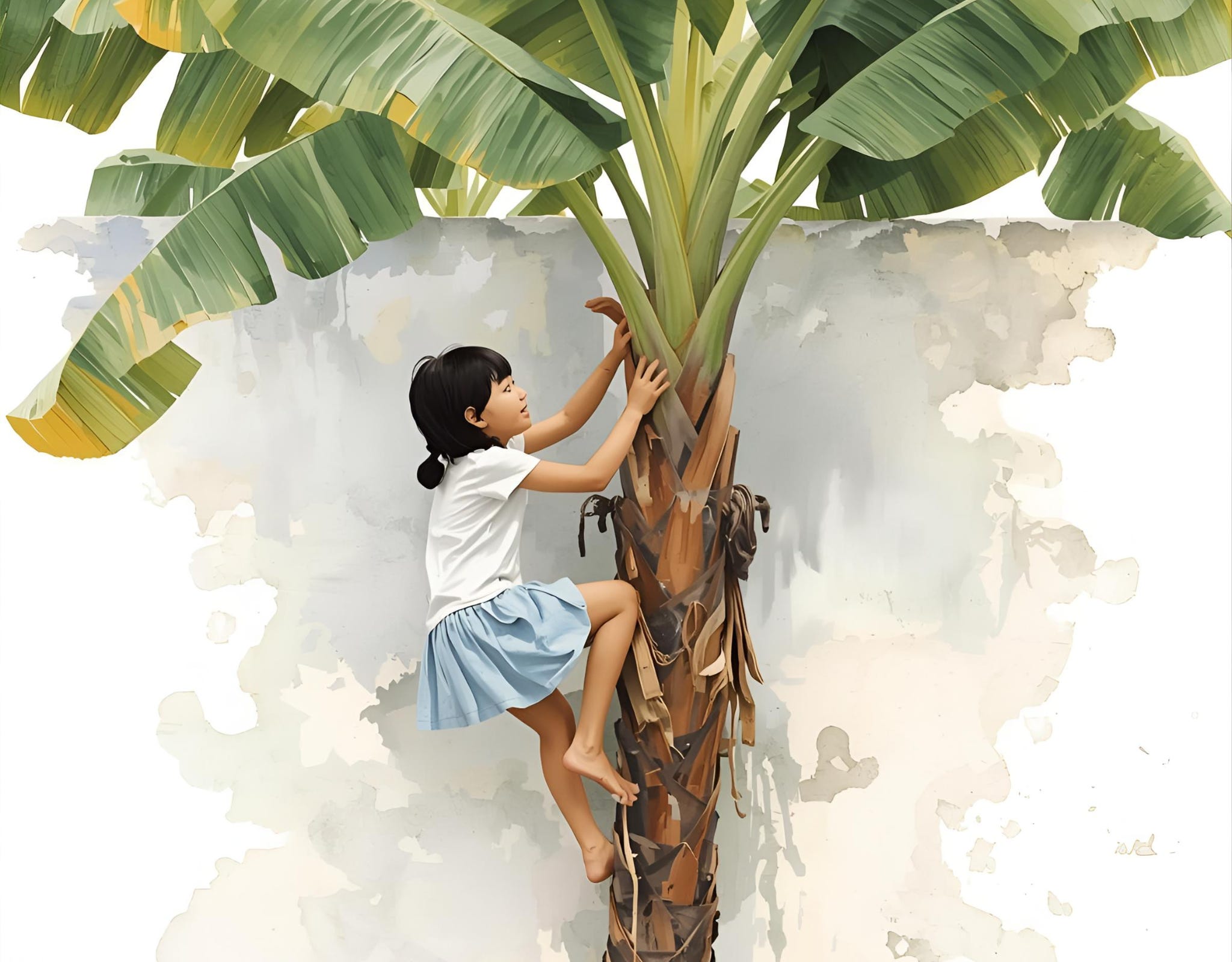 young dark haired girl climbing a banana tree