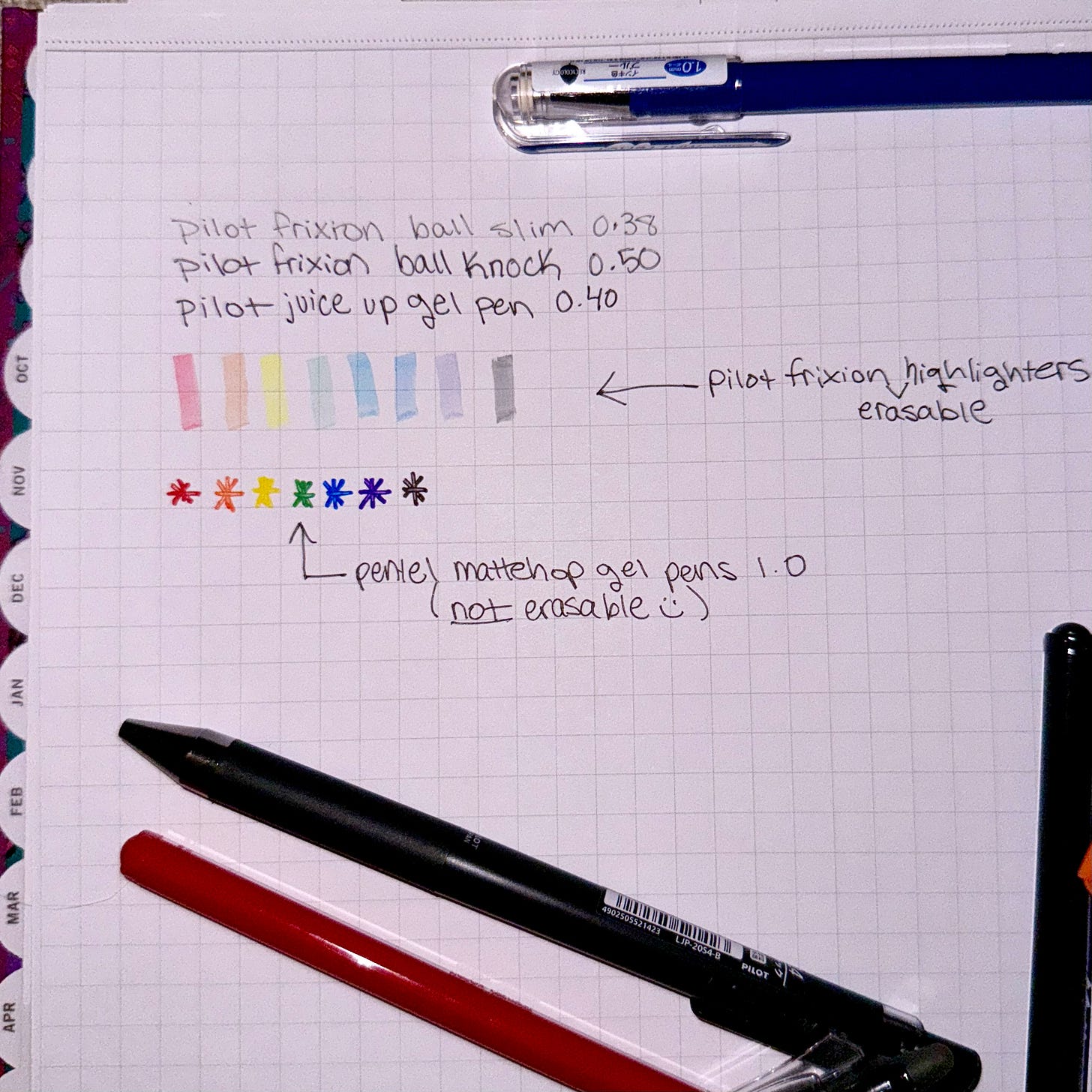 Testing the pilot frixion ball slim, pilot frixion ball knock and pilot juice up pens on Laurel Denise paper. Frixion Highlighters and Pentel MatteHop gel pens for an aesthetic view of my favorite pens