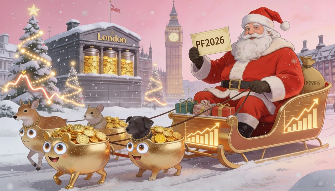 Finální upravená absurdní vánoční pohlednice pro Golda.io s PF2026, Londýnem a bez inflačního textu.