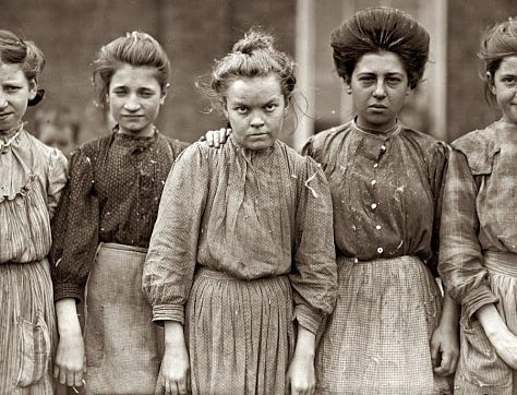 Historic photographs by Lewis Hine showing young women and girls working in early 20th-century American textile mills during industrialization.