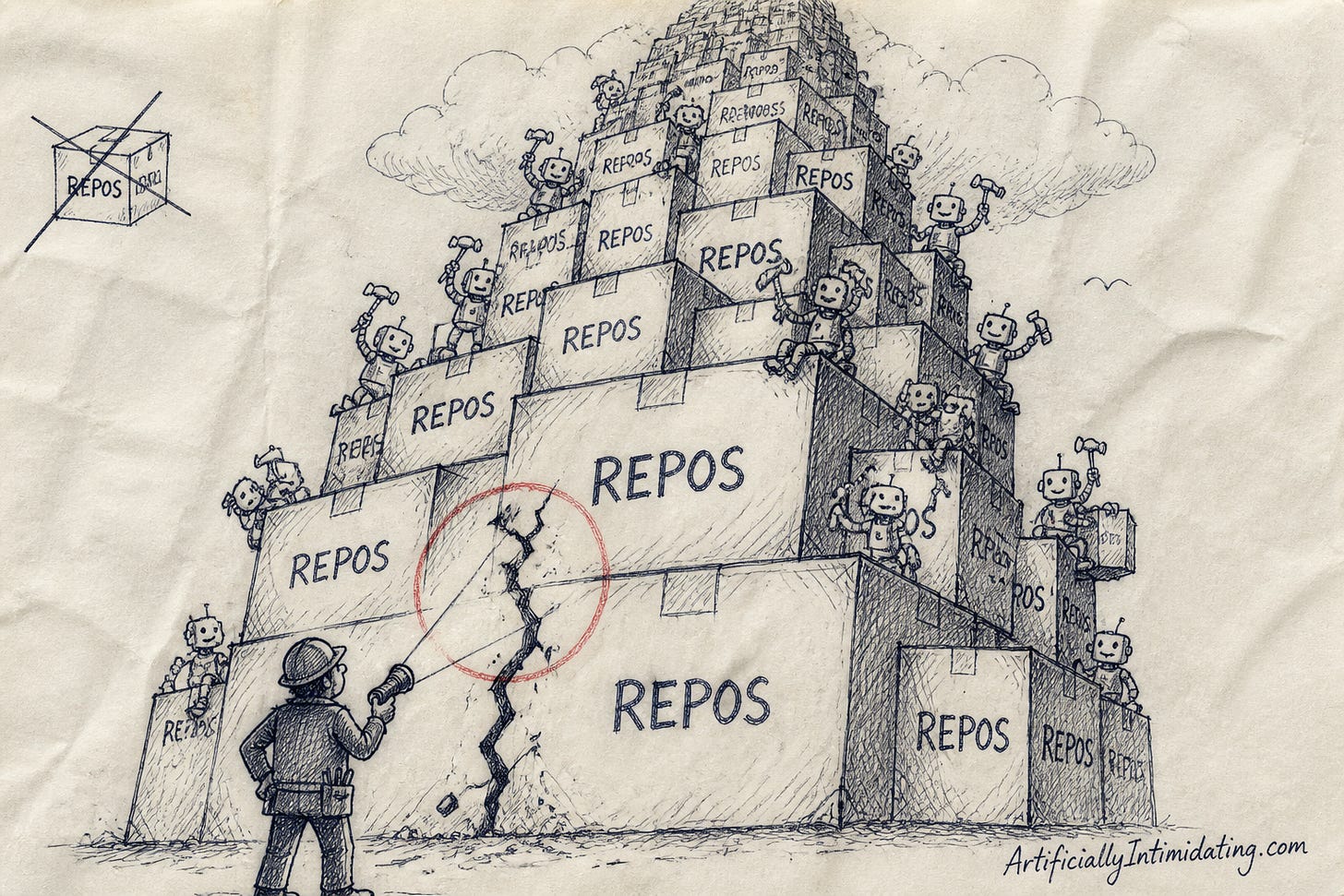 A gigantic leaning tower made of stacked cardboard boxes labeled REPOS rises into the clouds, tiny cheerful robots with hammers stacking more boxes on top while a small human engineer at the base shines a flashlight at a spreading crack circled in red. A gigantic leaning tower made of stacked cardboard boxes labeled REPOS rises into the clouds, tiny cheerful robots with hammers stacking more boxes on top while a small human engineer at the base shines a flashlight at a spreading crack circled in red.