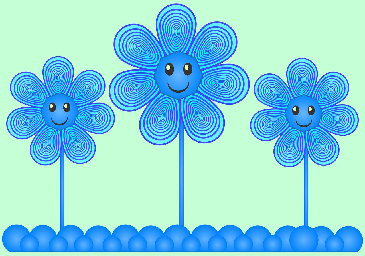 Graphic of three smiling  blue flowers on a green background
