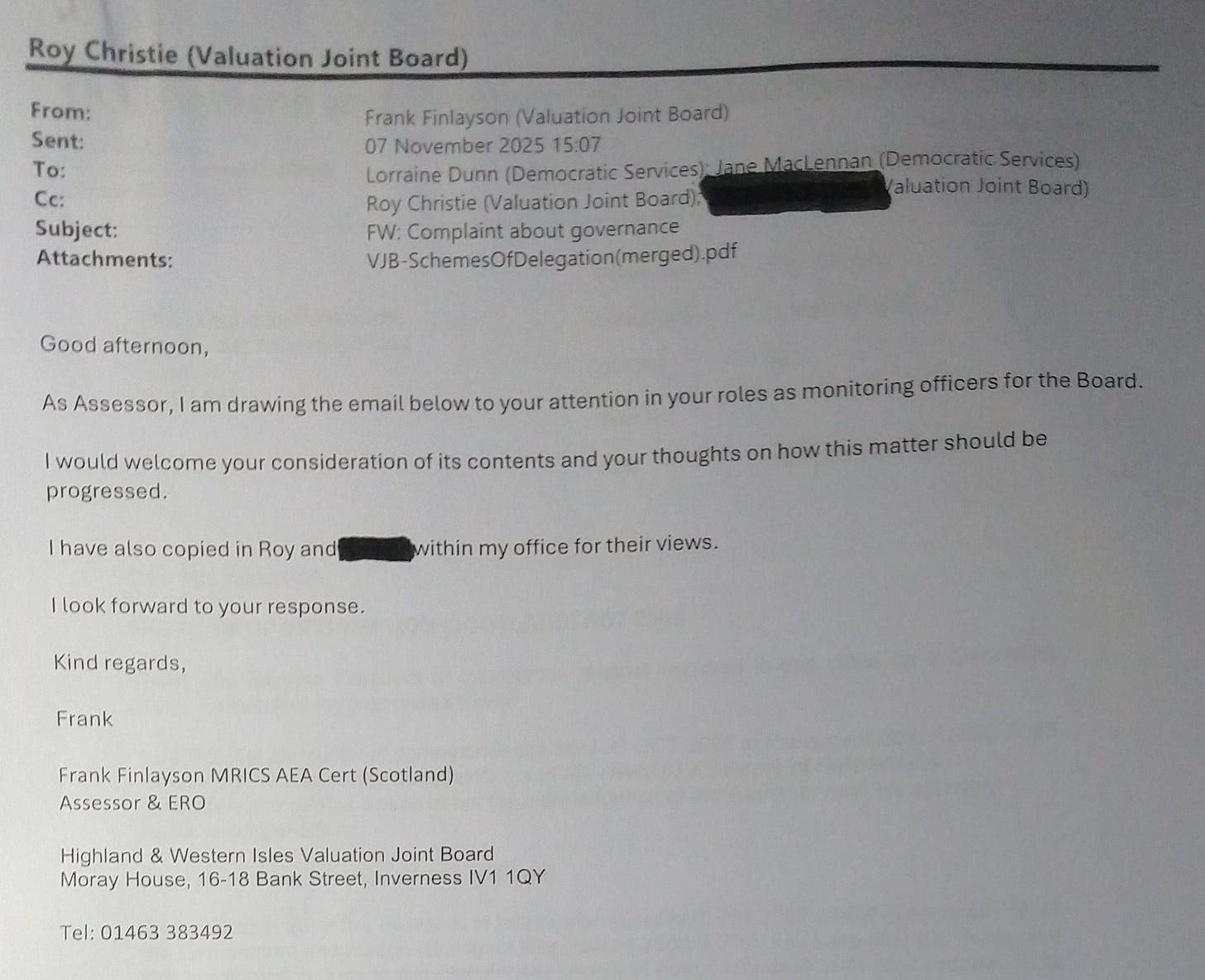 Email from Frank Finlayson, Assessor to the Monitoring Officer.