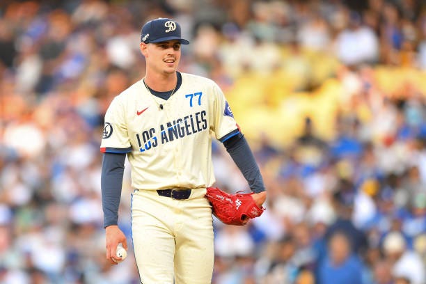Los Angeles Dodgers pitcher River Ryan looks on during the MLB game between the Pittsburgh Pirates and the Los Angeles Dodgers on August 10, 2024 at...