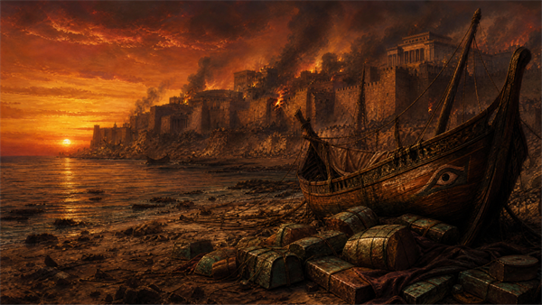 Title: Featured Image: A burning Bronze Age palace city on a Mediterranean coastline at dusk - Description: Featured Image: A burning Bronze Age palace city on a Mediterranean coastline at dusk Title: Featured Image: A burning Bronze Age palace city on a Mediterranean coastline at dusk - Description: Featured Image: A burning Bronze Age palace city on a Mediterranean coastline at dusk