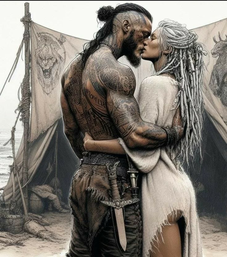 This may contain: a man and woman standing next to each other in front of a tent on the beach