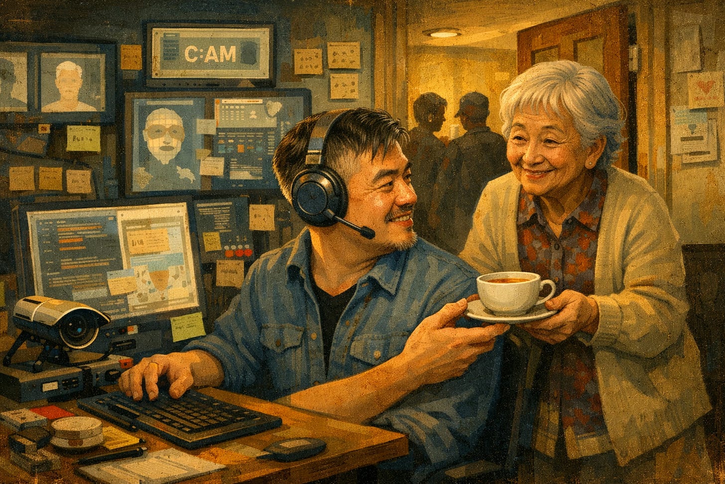 AI-generated illustration of a man at a computer workstation wearing a headset, surrounded by surveillance monitors and sticky notes, while an older woman smiles and offers him a cup of tea. A disembodied arm emerges from under the desk to receive it. Nobody seems concerned about this. AI-generated illustration of a man at a computer workstation wearing a headset, surrounded by surveillance monitors and sticky notes, while an older woman smiles and offers him a cup of tea. A disembodied arm emerges from under the desk to receive it. Nobody seems concerned about this.