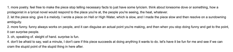 A block of text listing three numbered tips about writing. The text is formatted in a plain, black font on a white background. Kaleb Horton\'s name is not visible but implied by the context.
