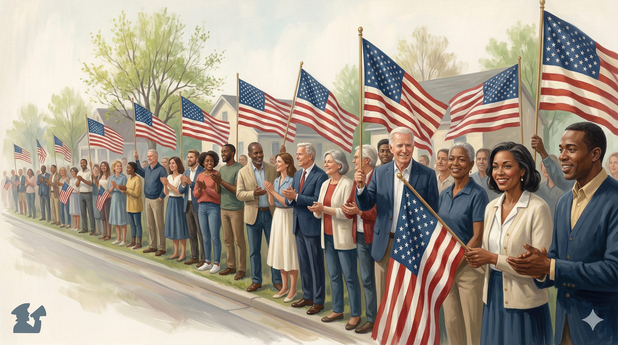 An Americana-style painterly banner showing a long, diverse line of smiling neighbors standing along a suburban Minnesota roadside. Many participants are proudly holding American flags that create a rhythmic pattern across the scene. The artwork features a warm, muted color palette of cream, indigo, and civic red with soft, brush-stroked textures, conveying a sense of hopeful, peaceful community unity. An Americana-style painterly banner showing a long, diverse line of smiling neighbors standing along a suburban Minnesota roadside. Many participants are proudly holding American flags that create a rhythmic pattern across the scene. The artwork features a warm, muted color palette of cream, indigo, and civic red with soft, brush-stroked textures, conveying a sense of hopeful, peaceful community unity.