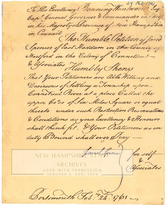 Yellowed letter to Governor Benning Wentworth from Jared Spencer requesting permission to settle the land now known as Campton.