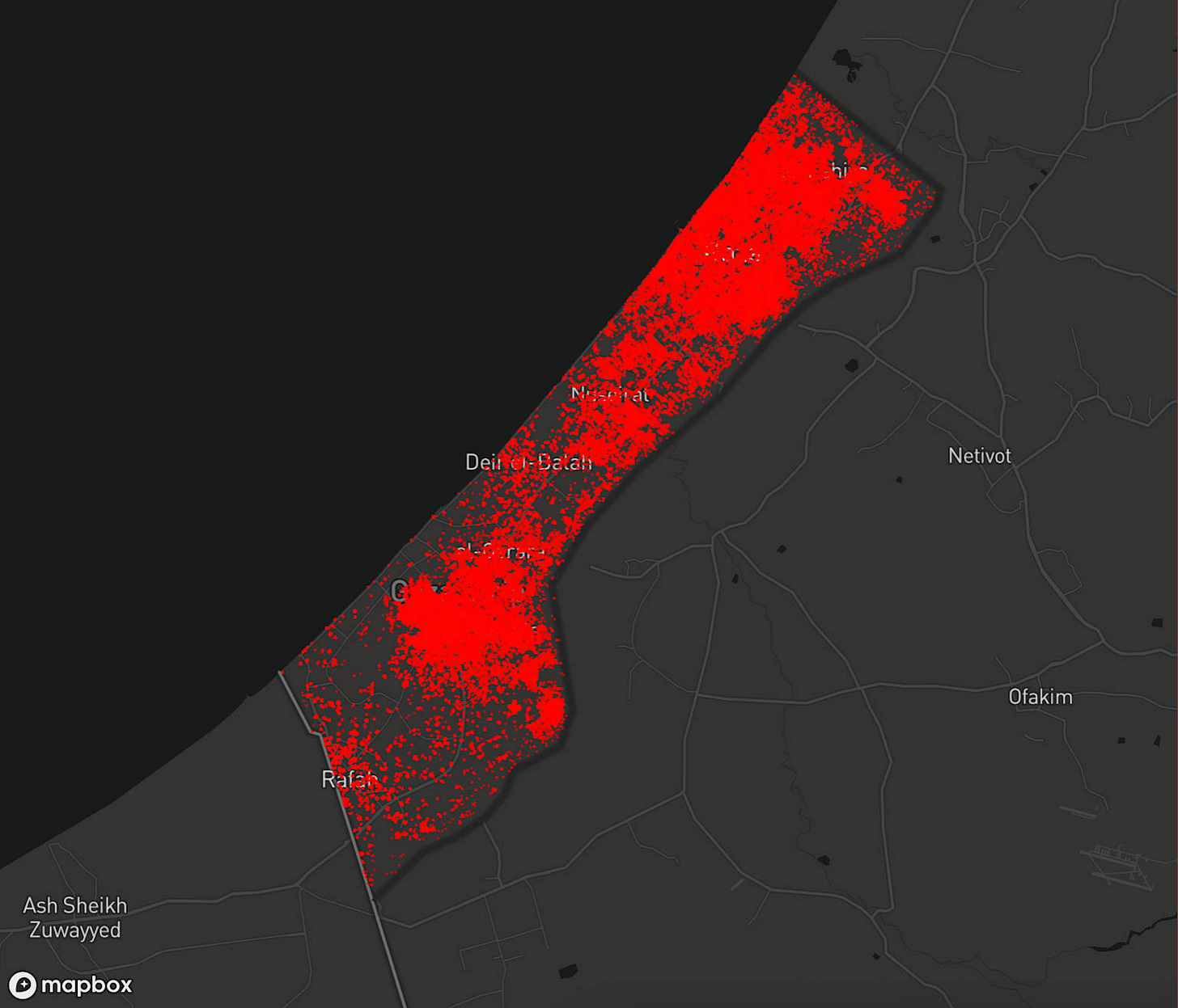 Satellite damage assessment of the Gaza Strip as of October 2025 showing widespread red-zone destruction