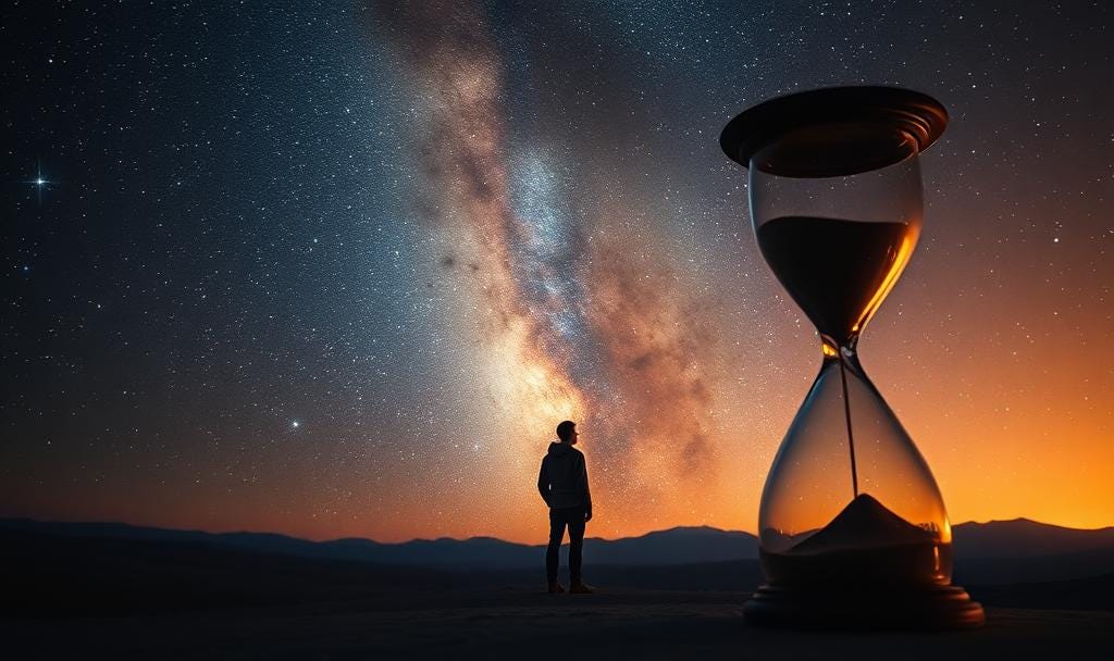 A person standing alone looking at a vast starry sky or cosmic landscape—conveying both insignificance and wonder. A giant hourglass stands beside him with sand running out, shot artistically with warm lighting
