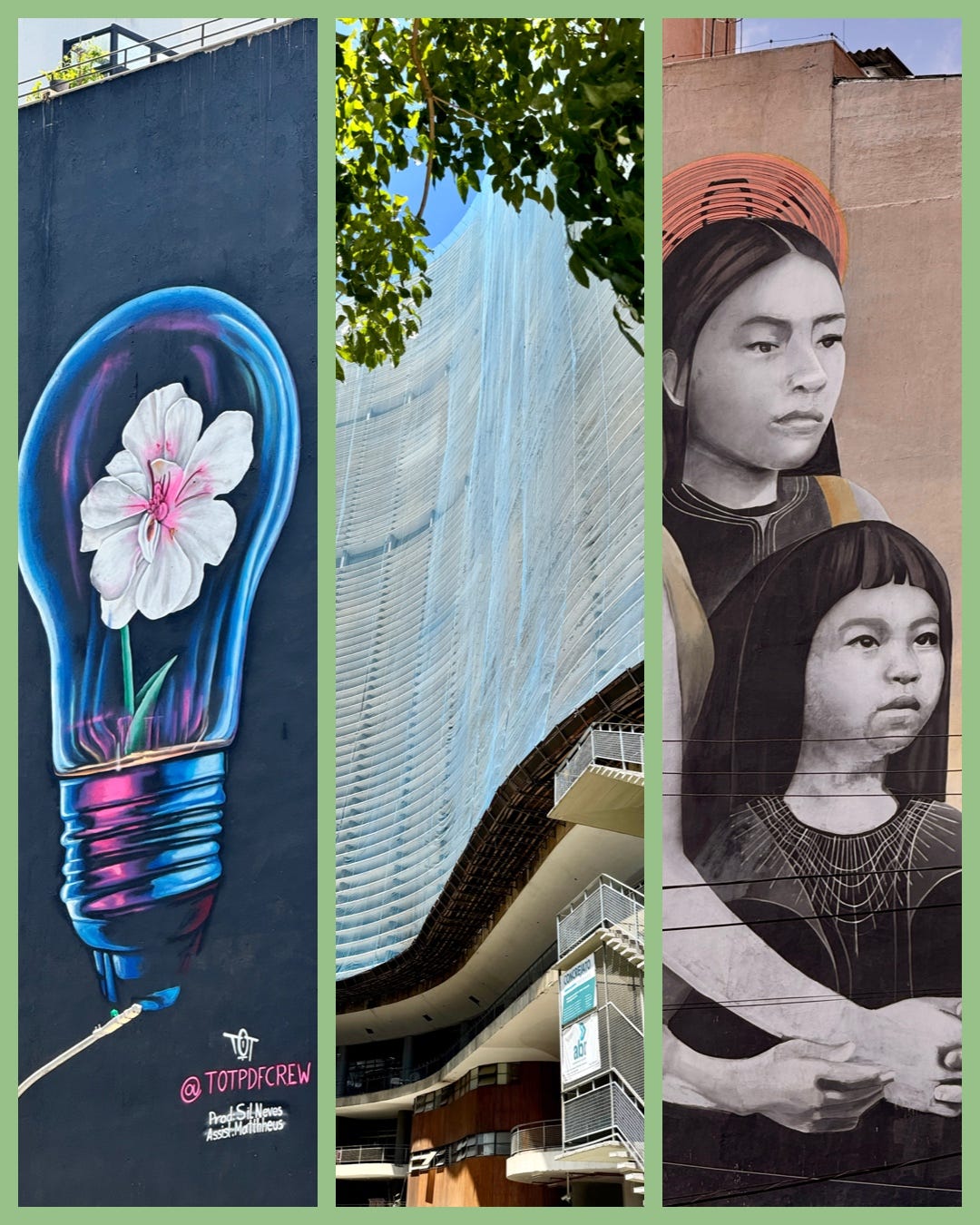 Dos murales en Sao Paulo y, en el centro, rascacielos ondulado de Oscar Niemeyer conocido como el Copán. Dos murales en Sao Paulo y, en el centro, rascacielos ondulado de Oscar Niemeyer conocido como el Copán.