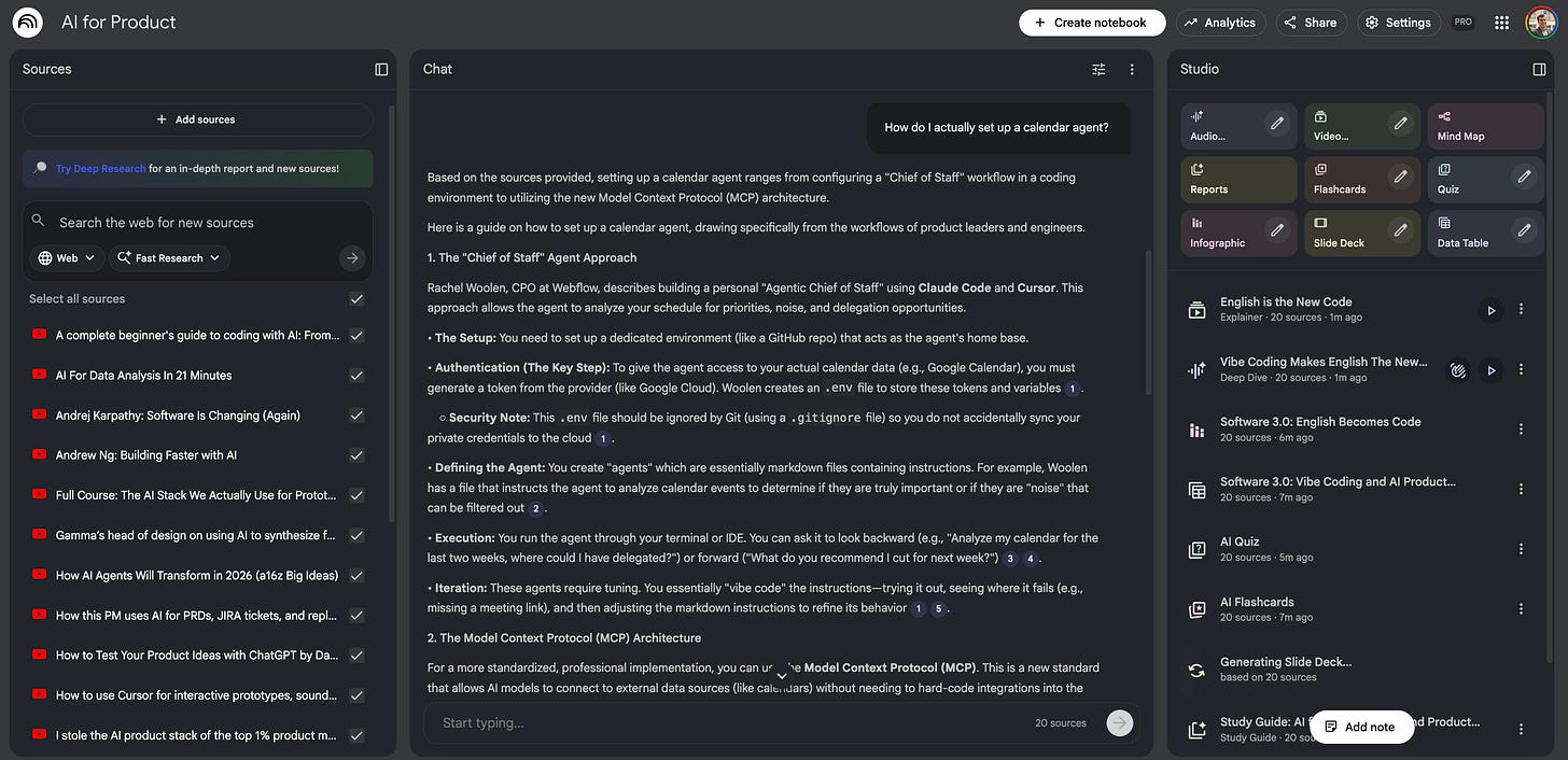 A screenshot of the Google NotebookLM interface displaying a detailed AI response to the question "How do I actually set up a calendar agent?" based on the 20 uploaded video transcripts.