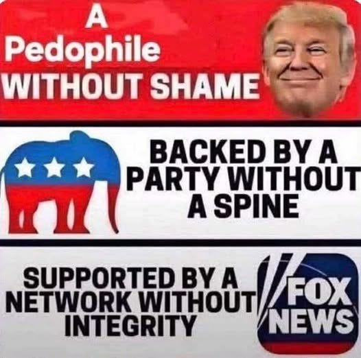 May be an image of 1 person, the Oval Office and text that says 'A Pedophile WITHOUT SHAME BACKED BY A PARTY WITHOUT A SPINE SUPPORTED By A NETWORK WITHOUT FOX INTEGRITY NEWS'