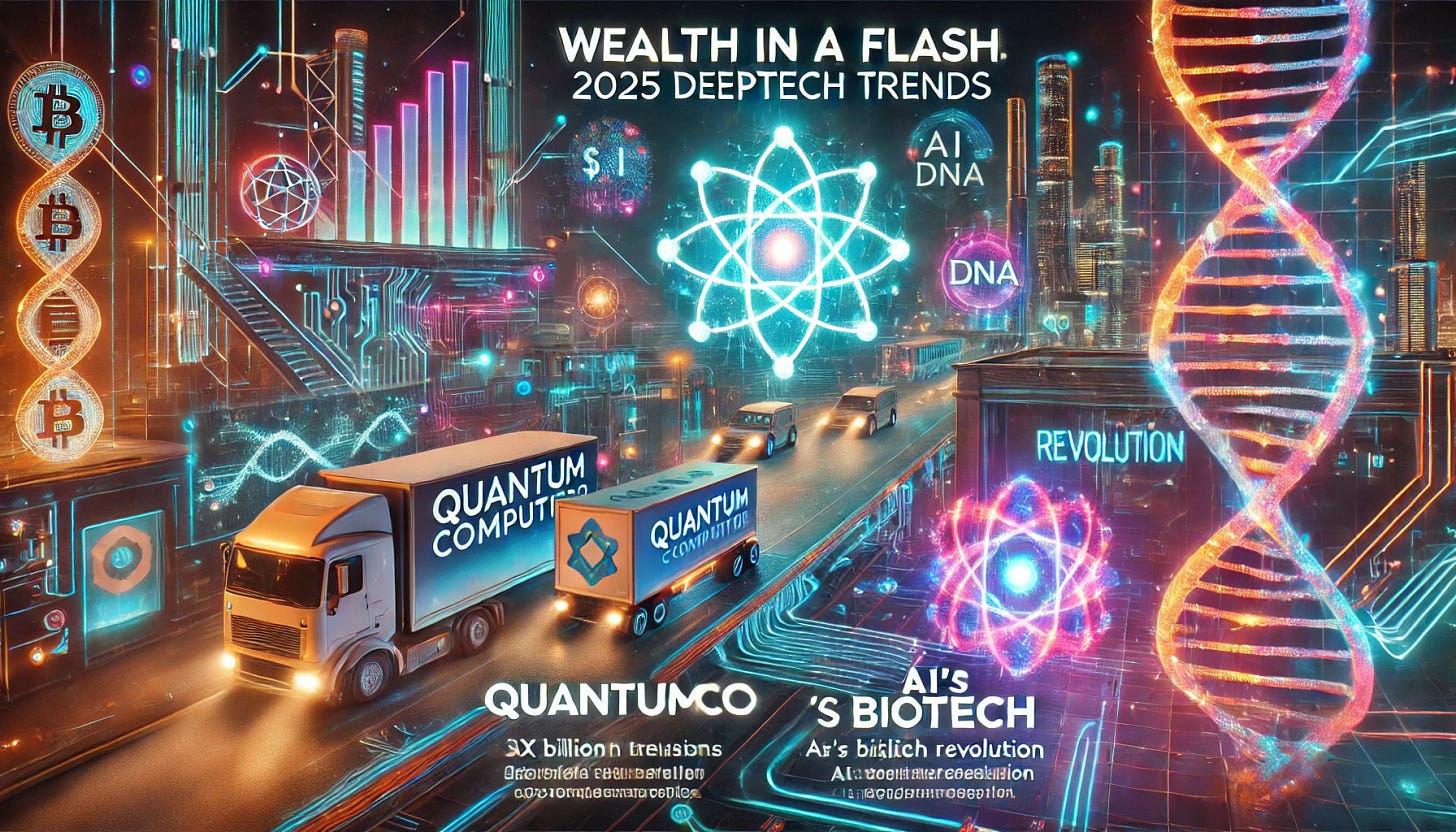 A visually engaging futuristic image depicting the themes of quantum computing, biotechnology, and logistics innovation. The scene showcases a high-tech logistics hub with autonomous vehicles connected by glowing data lines, a quantum computer in the background representing QuantumCo, and a biotech lab with AI-powered robotic arms analyzing DNA. The image has vibrant and dynamic visuals, blending neon lights and modern aesthetics, capturing the essence of cutting-edge technology and deep tech investment in 2025. Text overlays include 'Wealth in a Flash: 2025 DeepTech Trends,' 'QuantumCo’s $X Billion Rise,' and 'AI’s Biotech Revolution.'
