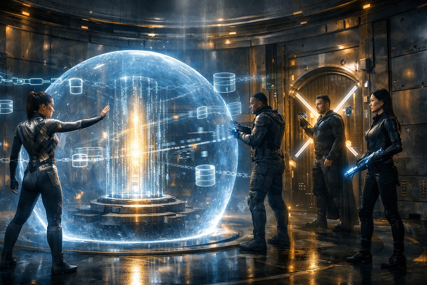 Team examining holographic blockchain database with glowing chain links in secure vault. Team examining holographic blockchain database with glowing chain links in secure vault.