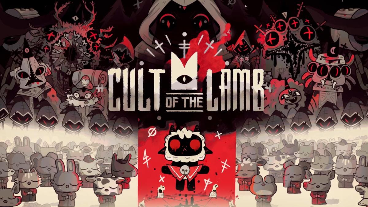 Cover art for the video game Cult of the Lamb, featuring illustrations of a floating lamb worshipped by many followers, and overlooked by various demon foes, all drawn in greyscale and red accents 
