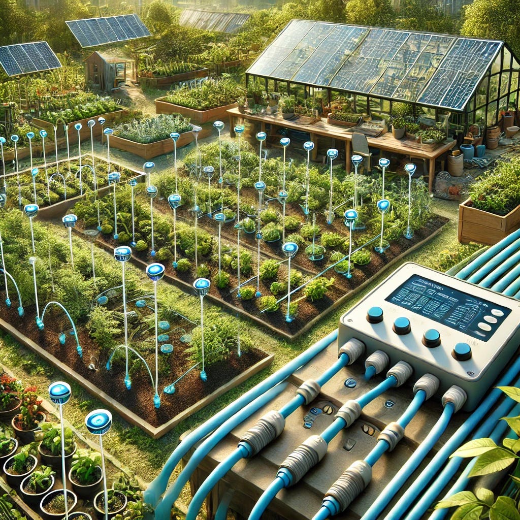 A detailed illustration of an automated irrigation system with sensors in a permaculture garden. The image features a network of drip irrigation tubes connected to a central control unit with visible moisture sensors placed in the soil near plants. Solar panels provide power to the system, and the sensors display real-time data on a small monitor. The garden includes raised beds with various crops and a greenhouse in the background, emphasizing a sustainable, high-tech approach to agriculture. The setting is lush and vibrant, with clear details of plants and equipment.