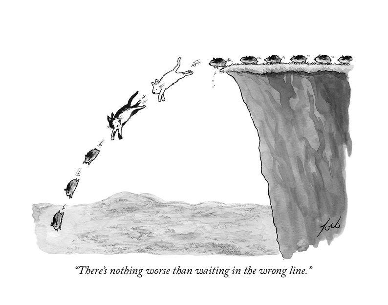 May include: A black and white cartoon illustration of two cats falling off a cliff. The cat in the front is falling headfirst, while the cat in the back is falling feet first. The cat in the front is saying, 'There's nothing worse than waiting in the wrong line.'
