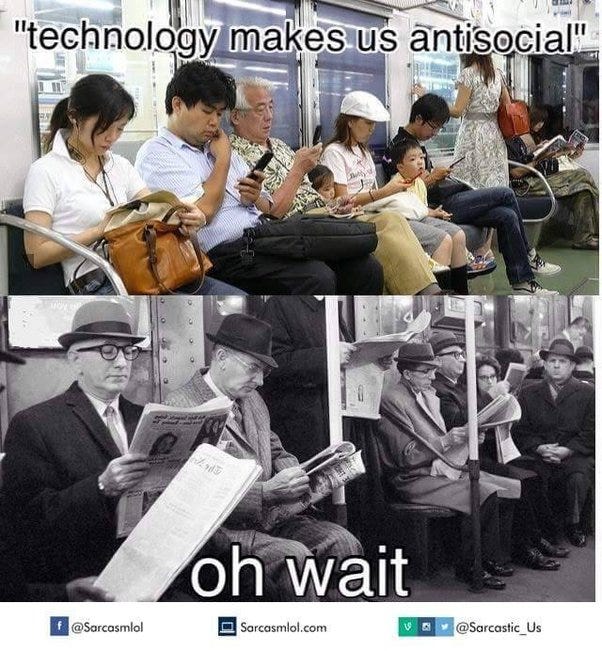 A meme contrasting people in modern day on their phones vs. people in the past reading newspapers.
