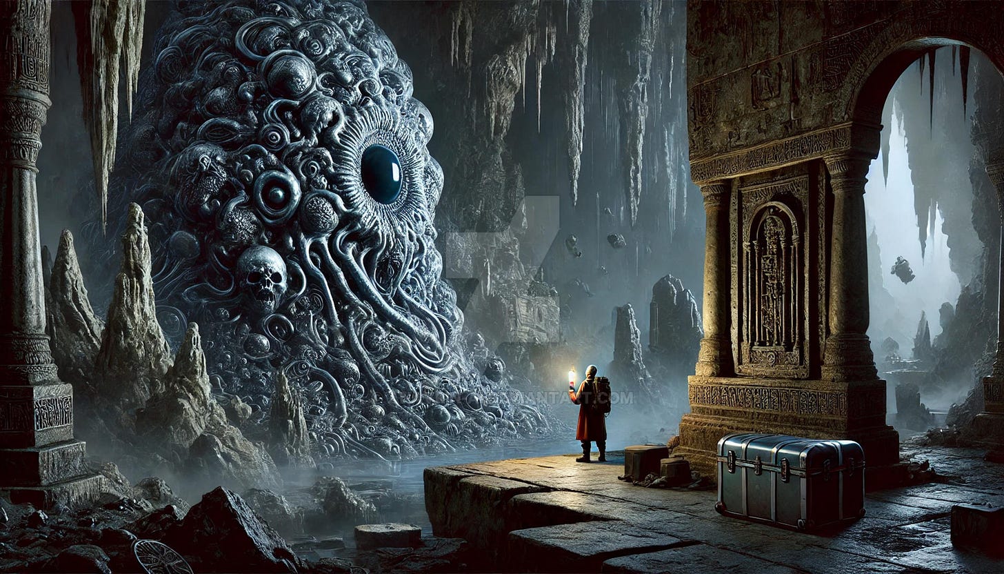 A man finds a towering, monstrous being formed from eyeballs and tentacles in an ancient cavern.