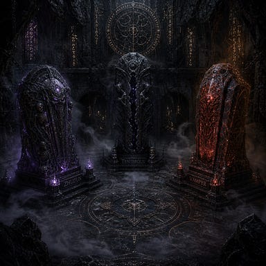 The Vault of Zhudun, Tenebrous, and Vampyr: a vast subterranean chamber carved from black stone and amber. Three colossal sarcophagi stand in a triangular formation. Zhudun’s sarcophagus: obsidian with skeletal reliefs and a faint violet glow. Tenebrous’s sarcophagus: shadow‑soaked stone with void‑like cracks leaking darkness. Vampyr’s sarcophagus: blood‑amber with internal crimson light pulsing like a heartbeat. Mist coils around the floor, runes flicker on the walls, and a cold wind stirs the dust of ancient power.