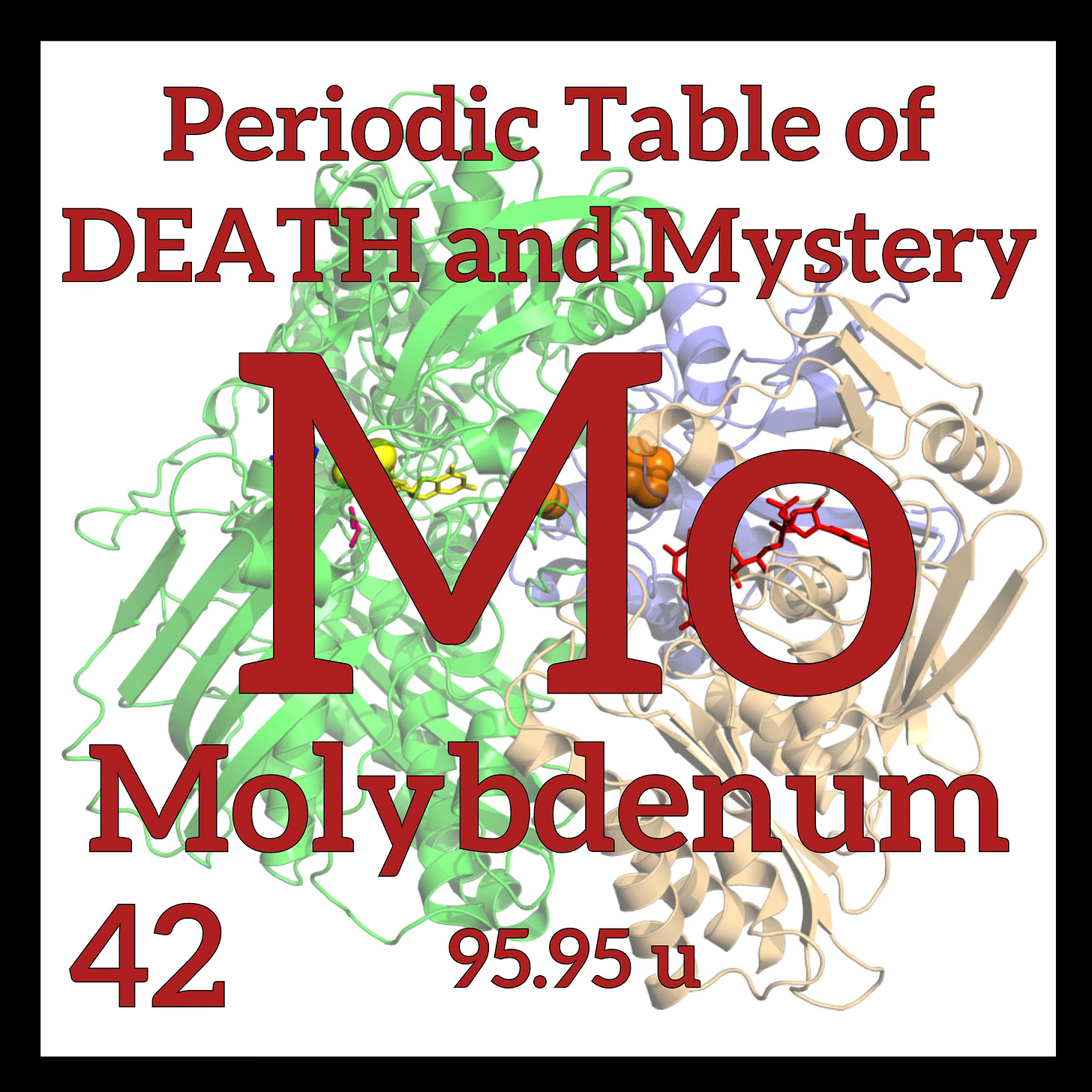 A periodic table square of Molybdenum with the xanthine osidase ribbon structure enzyme in the background A periodic table square of Molybdenum with the xanthine osidase ribbon structure enzyme in the background