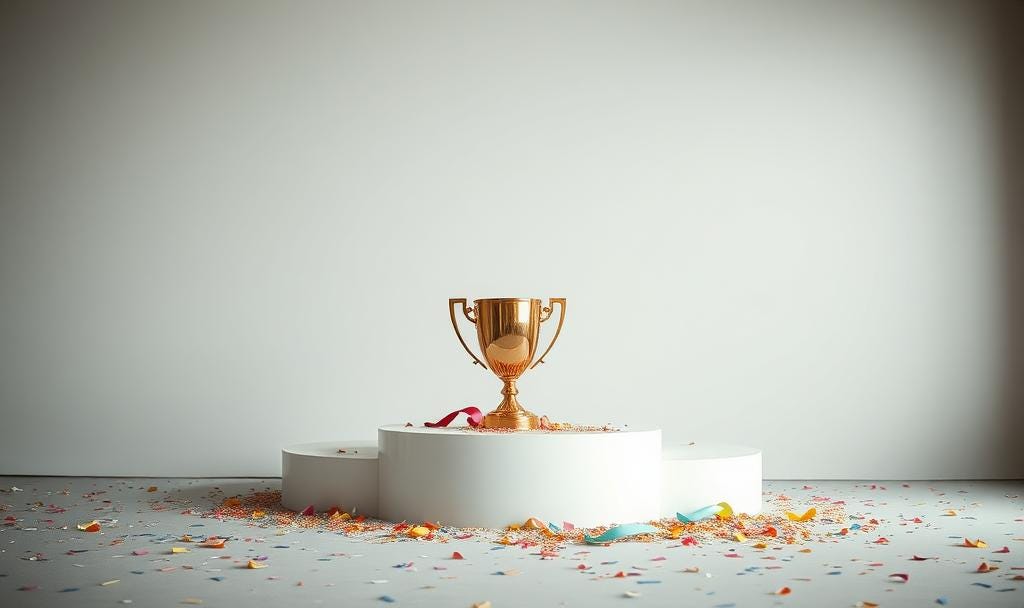 Empty winner’s podium with trophy and scattered leftover confetti, softly lit after a celebration.