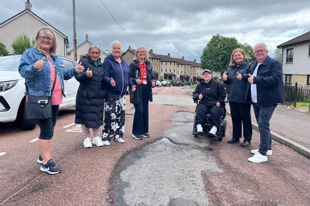 Resurfacing plan gets the thumbs up from Wellhouse residents, councillor Kevin Lalley and housing association director Diane Hendry.