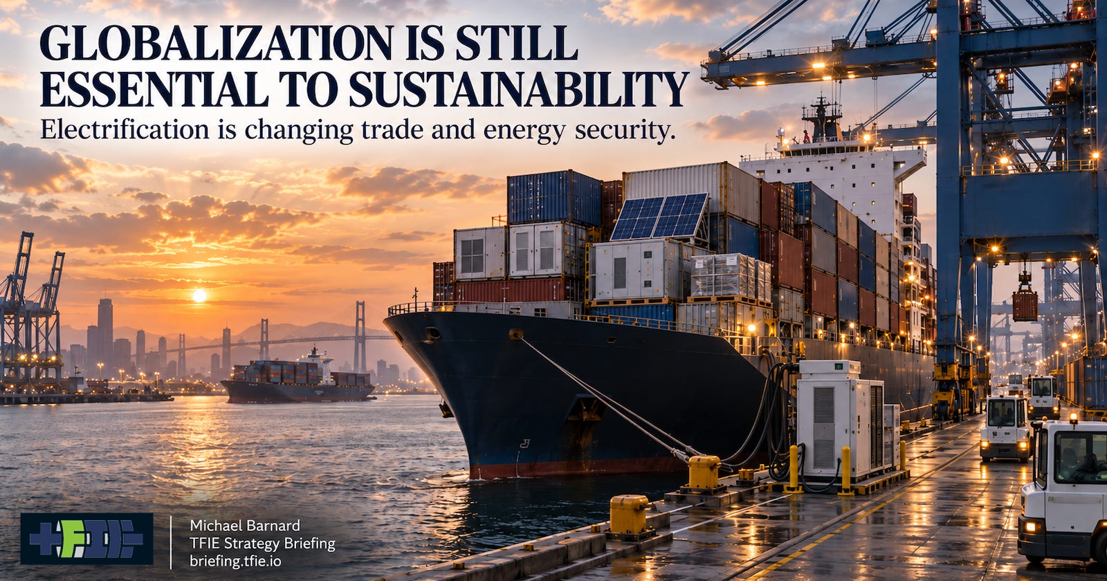 A large container ship at an electrified commercial port carries containers alongside solar and electrical equipment, with shore power, electric port vehicles and cranes illustrating global trade in clean-energy technologies. A large container ship at an electrified commercial port carries containers alongside solar and electrical equipment, with shore power, electric port vehicles and cranes illustrating global trade in clean-energy technologies.