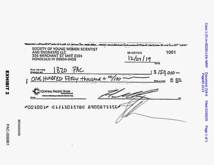 A check shows the amount of $150,000 paid to the Collins super PAC. A check shows the amount of $150,000 paid to the Collins super PAC.