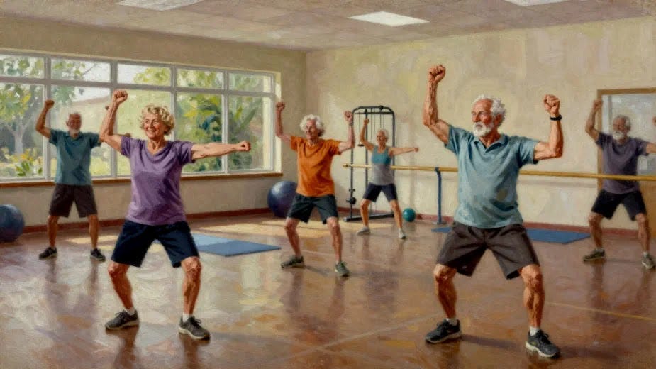 Older adults practicing balance and strength exercises together