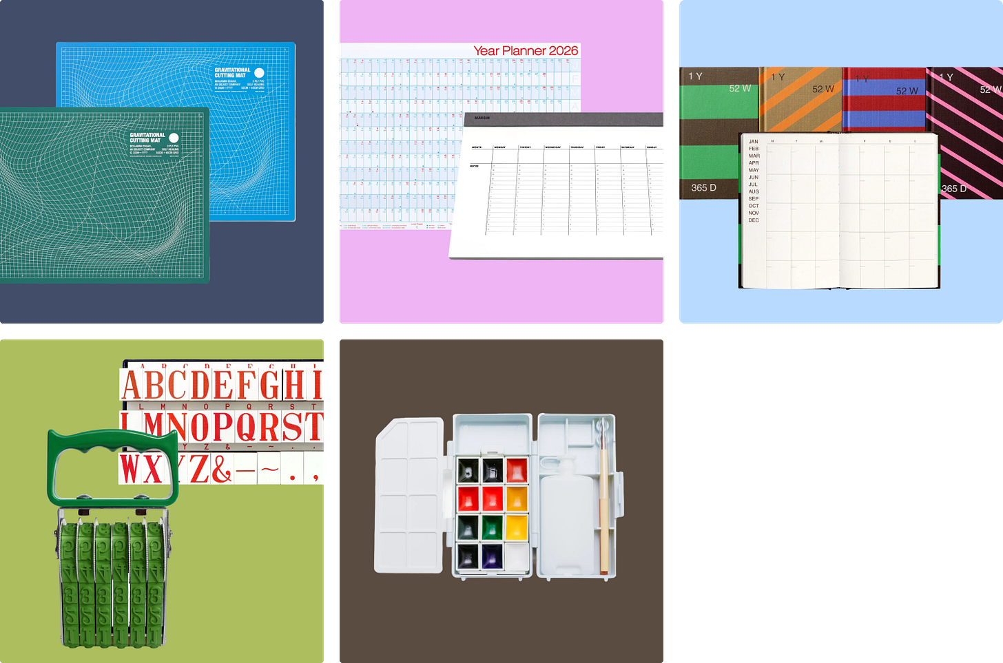 self healing cutting mat, calendar, weekly planner, stamps, watercolor set