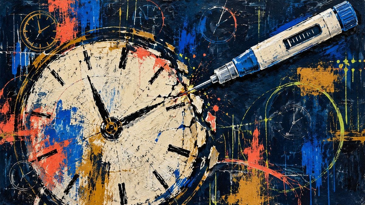Painted illustration of an injection pen needle cracking the face of a large clock, surrounded by smaller clocks on a dark blue background