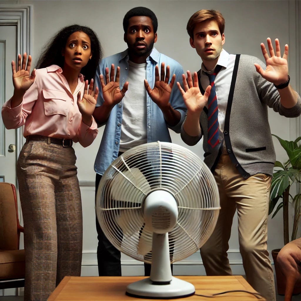A scene featuring one black woman, one white woman, and one Asian man, all in smart casual clothing, standing or sitting together and looking directly at a fan with expressions of fear and anxiety. They are raising their hands in front of them, as if trying to protect themselves from something terrible they expect to come from the fan. Their body language is defensive, with tense postures and worried expressions. The fan is an ordinary electric fan, but the atmosphere is filled with suspense and danger, set in a modern room with simple household decor.