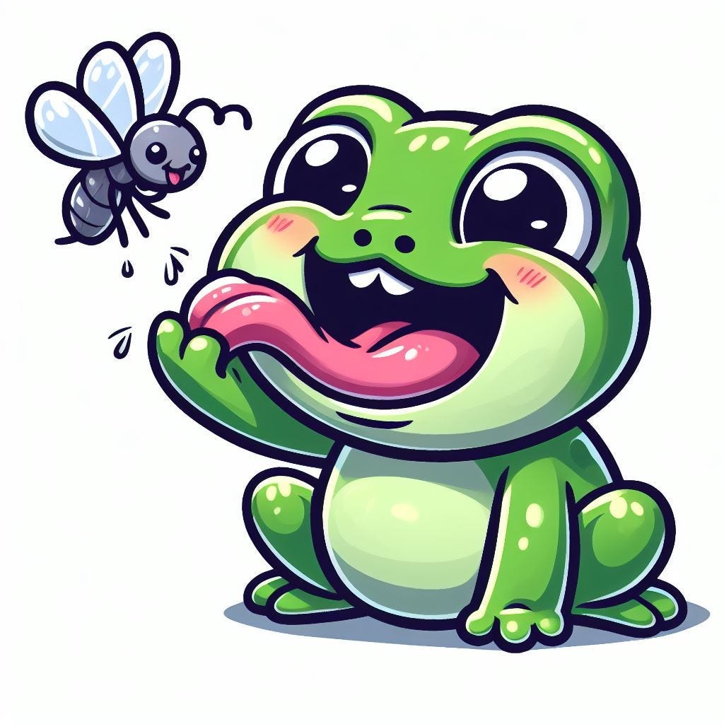 A supposedly cute frog, licking its fingers(?) and staring at a fly, who looks strangely happy and which is also sticking its tongue out... A supposedly cute frog, licking its fingers(?) and staring at a fly, who looks strangely happy and which is also sticking its tongue out...