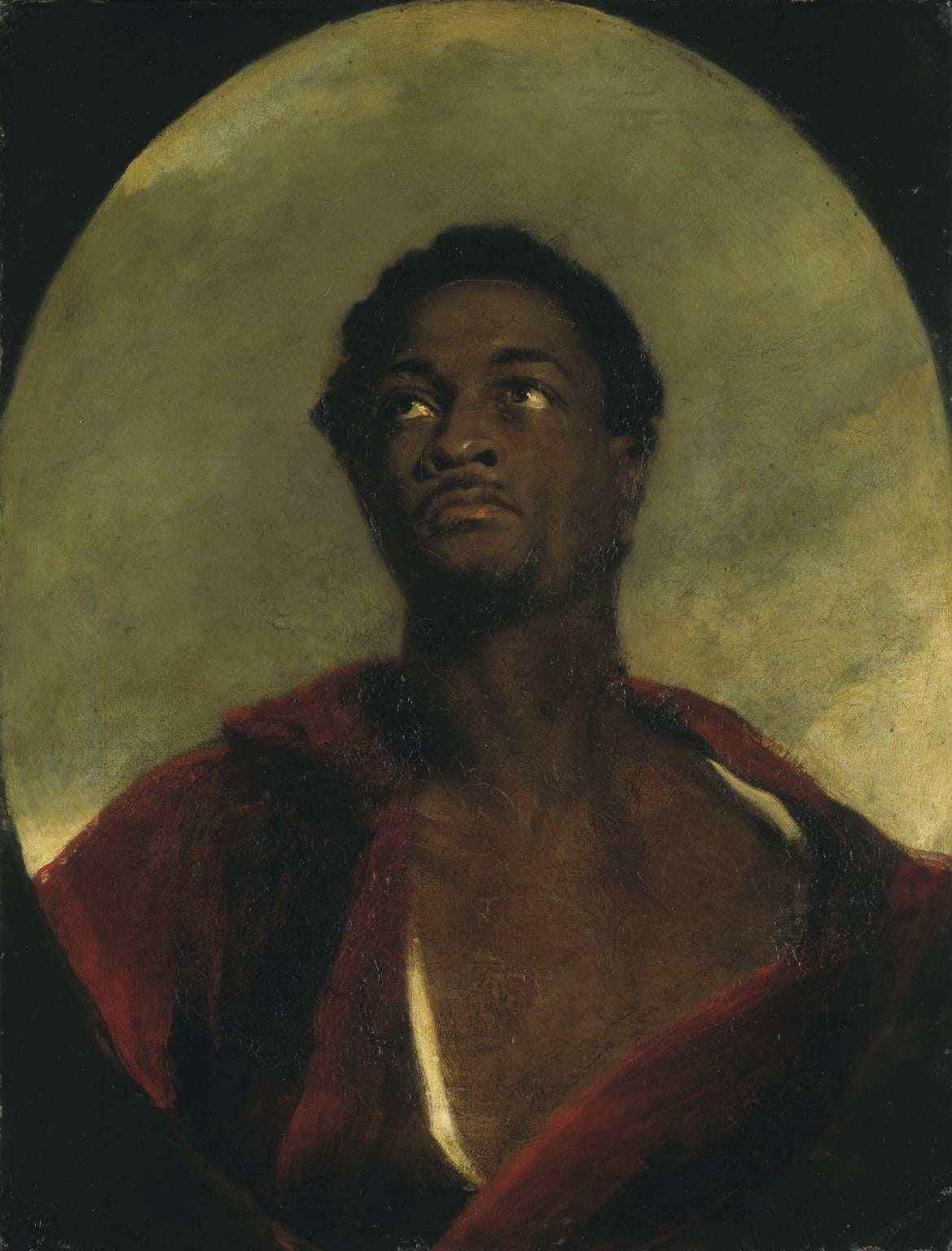 An old old painting of a Black man with a strong jawline looking upwards and slightly to the left.