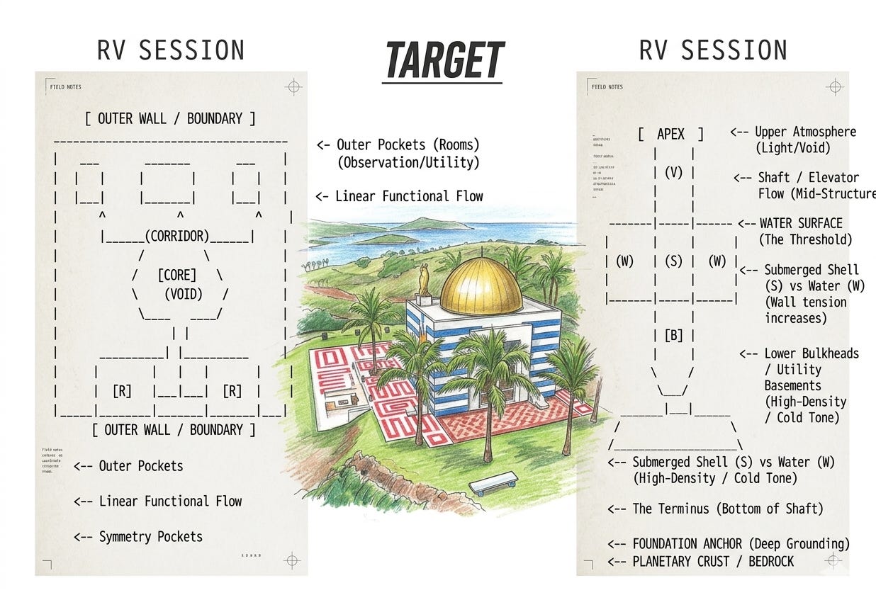 A three-panel composite data presentation layout on a clean, light-colored technical drawing background, labeled with bold black titles. Left Panel (RV Session): Features a vertical, aged-paper document labeled "RV SESSION" at the top. It contains an ASCII-style schematic diagram outlining a spatial layout. Center Panel (Target): Under a prominent, bold TARGET headline sits a detailed, colored artistic sketch of the physical location. Right Panel (RV Session): Features a matching vertical, aged-paper document also labeled "RV SESSION" at the top. It contains a vertical ASCII schematic mapping structural cross-sections and environmental thresholds. A three-panel composite data presentation layout on a clean, light-colored technical drawing background, labeled with bold black titles. Left Panel (RV Session): Features a vertical, aged-paper document labeled "RV SESSION" at the top. It contains an ASCII-style schematic diagram outlining a spatial layout. Center Panel (Target): Under a prominent, bold TARGET headline sits a detailed, colored artistic sketch of the physical location. Right Panel (RV Session): Features a matching vertical, aged-paper document also labeled "RV SESSION" at the top. It contains a vertical ASCII schematic mapping structural cross-sections and environmental thresholds.