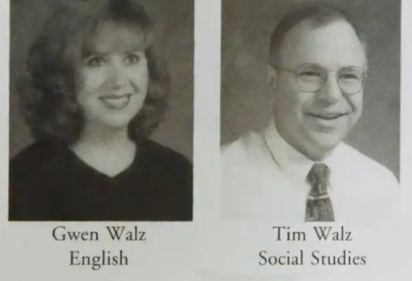 black and white yearbook screenshot of Gwen Walz with poufy Farrah Fawcett haircut and black blouse, Tim Walz in white shirt, patterned tie, short hair and wire-framed glasses black and white yearbook screenshot of Gwen Walz with poufy Farrah Fawcett haircut and black blouse, Tim Walz in white shirt, patterned tie, short hair and wire-framed glasses