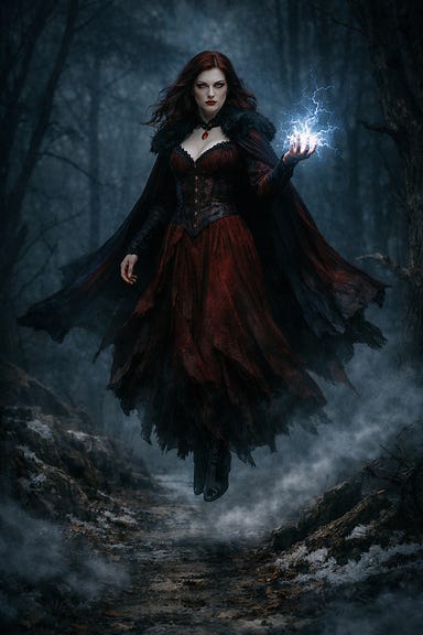 Anastrasya hovering over a forest path, pale and elegant with dark wavy hair, sharp features, cold storm-gray eyes, wearing a high-collared dark gown. She floats above the Svalich Woods path at night, mist swirling around her. One hand is raised, crackling with eerie pale-blue magic. Atmosphere gothic, moonlit, and mysterious.