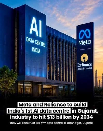 Mukesh Ambani said Jio is building India's largest AI-ready data centre in  Jamnagar to provide affordable AI for every Indian. He also announced  India's first people-centric AI platform, which will offer services