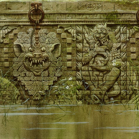 LEFT: Background detail from ELRIC AND THE SINKING CITY featuring detail of Stormbringer's hilt and crossguard. Elric's face is half hidden by the blade. In the misty background, massive squared columns rise. The most prominent features and owl-like demon with huge eyes and serrated beak. Talons rest with arms crossing chest and wings folded around it. CENTER: Figure detail from ELRIC AND THE SINKING CITY featuring a somber Elric crouching at the base of a massive support pillar of an ancient city. He clutches Stormbringer with one hand delicately grasping its crossguard and the other on its blade. His clothes are in tatters and his eyes seem to reflect introspectively even as they meet the audience. The chaos star, eight arrows radiating out from a point, glitters in gold against black on his chest. RIGHT: Foreground detail from ELRIC AND THE SINKING CITY featuring two demons carved in relief at the base of the pillar. The demon to the left is face resembling a Chinese guardian lion with slitted eyes and pronounced fangs. Its mane curls in simple flourishes. The demon to the right embraces a man as it devours his head. The design in relief is divided into tiny component cubes.