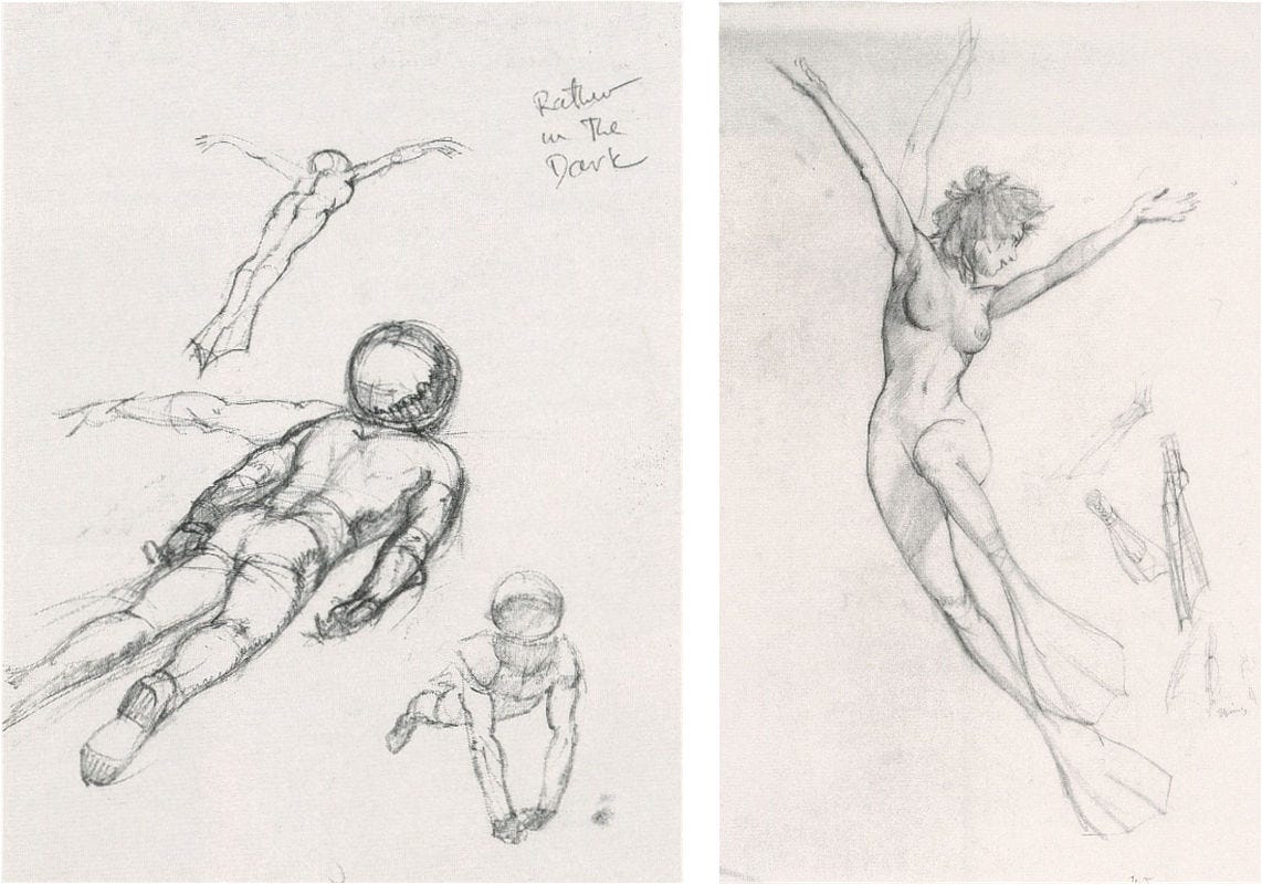 LEFT: A trio of figure sketches (two facing away) in swim poses. One of the figures has swim fins on their feet. The other two have spherical domes over their heads. The arm position mimics propulsion with one wide like a butterfly stroke, the next with arms back at their side, and the last with arms working in unison paddling under. In the upper right words are scribbled: "Rather in the dark" RIGHT: A figure sketch in pencil of a nude woman wearing swim fins. One knee is up obstructing the view of her crotch. Her arms are up and out as she glances back over her shoulder. Smaller sketches nearby provide a different position for her arm and details of the swim fins. LEFT: A trio of figure sketches (two facing away) in swim poses. One of the figures has swim fins on their feet. The other two have spherical domes over their heads. The arm position mimics propulsion with one wide like a butterfly stroke, the next with arms back at their side, and the last with arms working in unison paddling under. In the upper right words are scribbled: "Rather in the dark" RIGHT: A figure sketch in pencil of a nude woman wearing swim fins. One knee is up obstructing the view of her crotch. Her arms are up and out as she glances back over her shoulder. Smaller sketches nearby provide a different position for her arm and details of the swim fins.