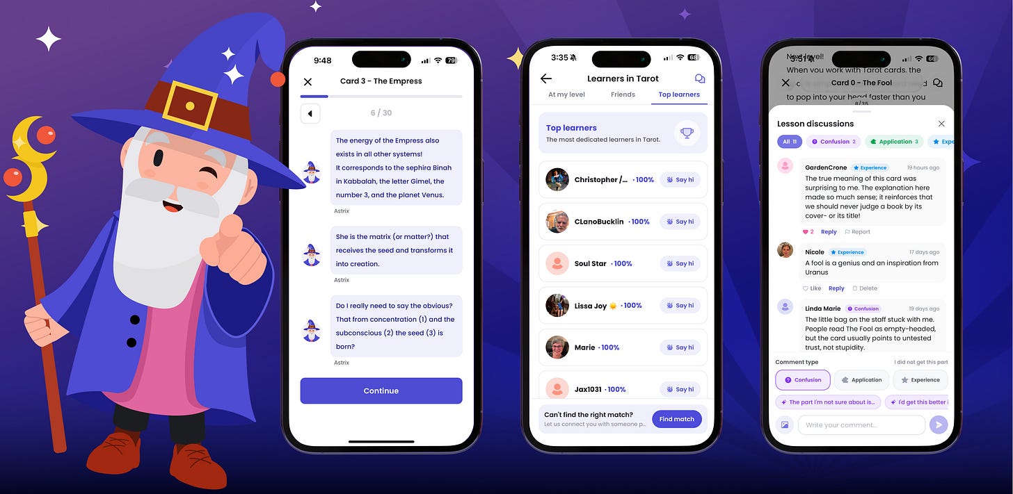 The wizard mascot beside app screens showing lessons and community discussion threads. The wizard mascot beside app screens showing lessons and community discussion threads.