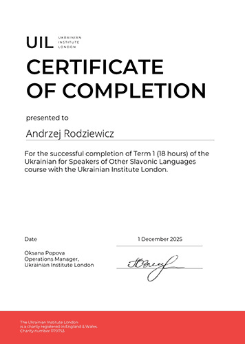 My Ukrainian A1-level certificate of completion.