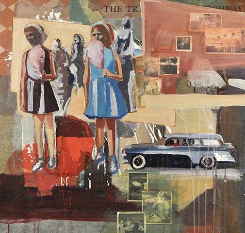 This may contain: an art piece with two women and a car in the foreground, on top of a collage