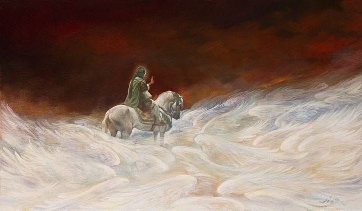 This may contain: a painting of a man riding on the back of a white horse in a snowy landscape