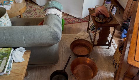 Left: the original wooden ceiling beams of the château living room. Middle: copper pots and pans on the floor catching water leaking from the ceiling. Right: a wastebasket on a stained sofa during the plumbing leak.